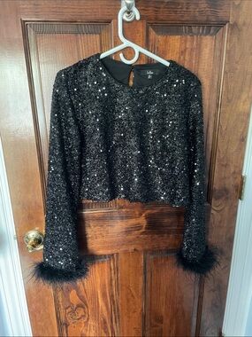 Lulu's Black Sequin Feather Trim Cropped Top
